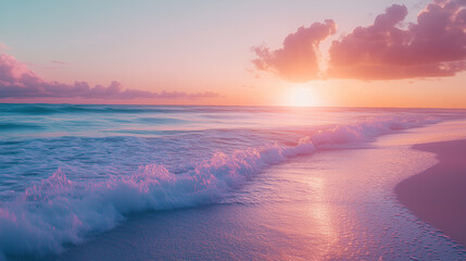 Fototapeta premium Soft pastel hues illuminate the sky as gentle waves roll onto a serene beach, creating a calming and picturesque ocean sunset