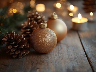 Golden Glow of Christmas Eve: Two shimmering gold ornaments nestle among rustic pinecones and...