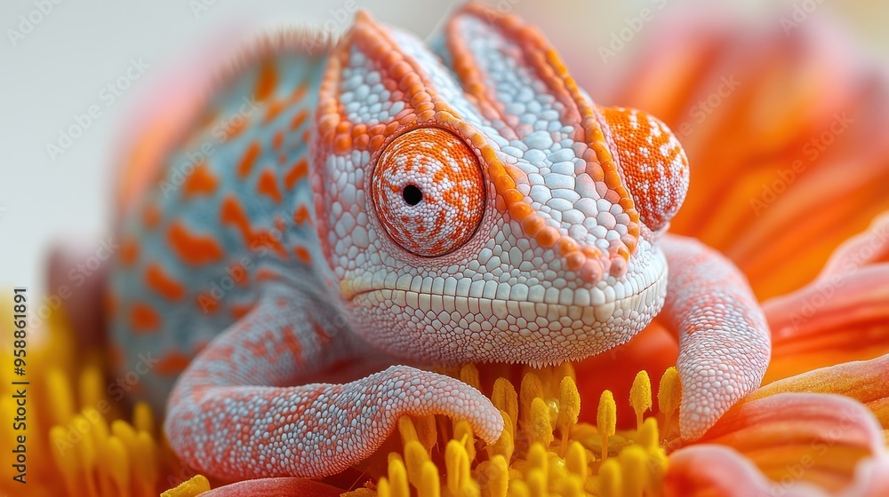 Canvas Prints Close-up of a Chameleon on a Flower