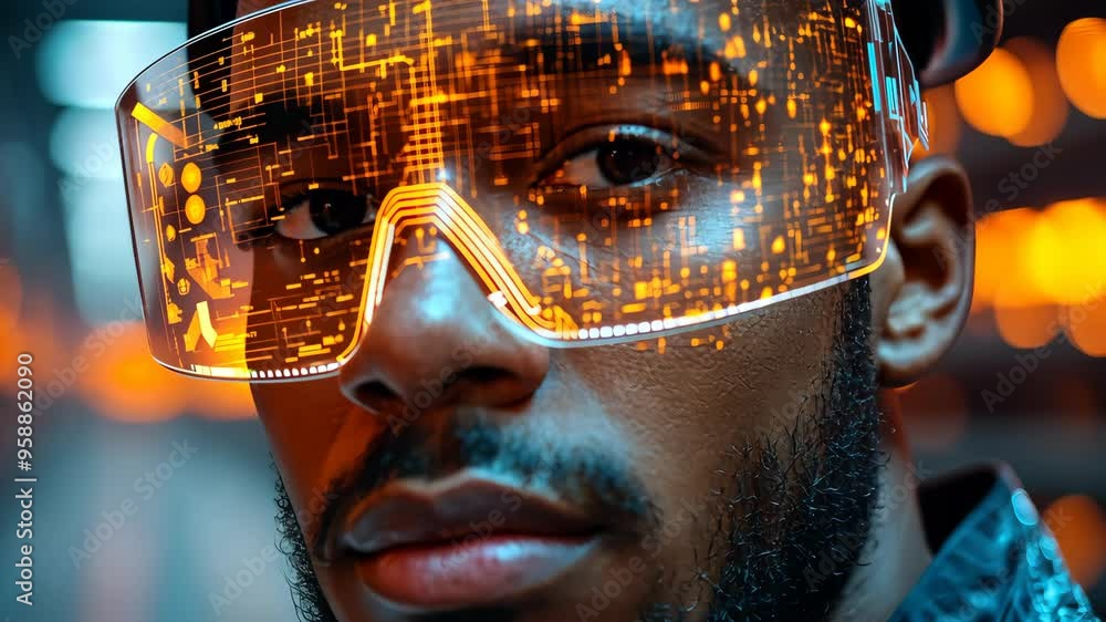 Poster engineer wearing augmented reality goggles analyzing data