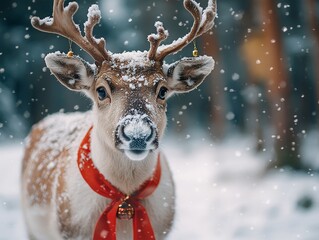 Reindeer's Festive Gaze: A snowy portrait of Christmas magic, featuring a reindeer adorned with a festive red bow, its gentle eyes sparkling amidst a flurry of snowflakes. 