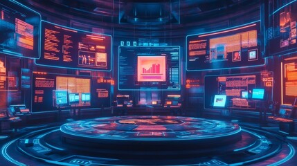 Futuristic Cyberpunk Control Room with Neon Lights.