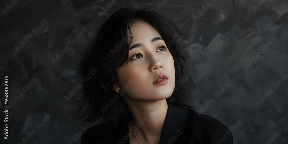 Wall mural portrait of an asian woman with black hair and a black jacket looking up