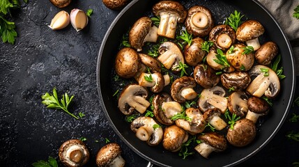 Saut ed Mushrooms with Garlic and Parsley in a Pan