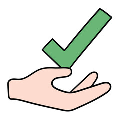 Hand drawn cartoon hand and check mark icon on white background.