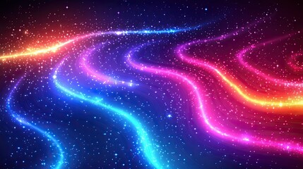 Fototapeta premium 3. A captivating vector illustration of glowing neon lines and sparkling stars, set against a dark blue, pink, and purple background. The curved light stripes form a fluid and energetic pattern,