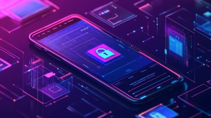 Smartphone with a padlock on the screen and neon lighting.