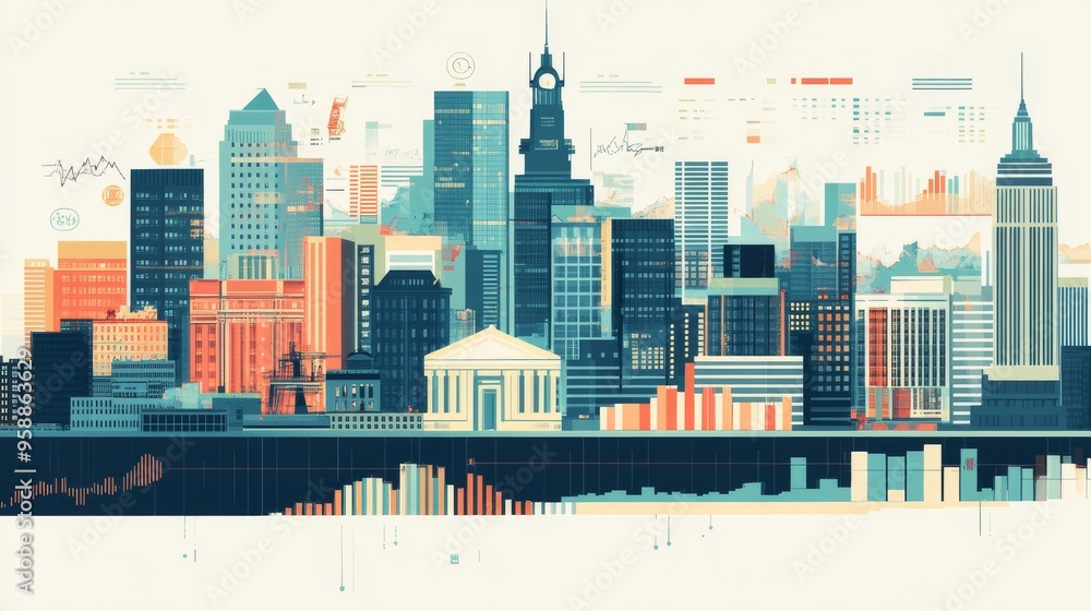 Poster abstract cityscape with data and charts.