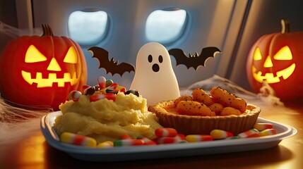 A festive Halloween-themed meal featuring mashed potatoes, a fruit tart, and spooky decorations.