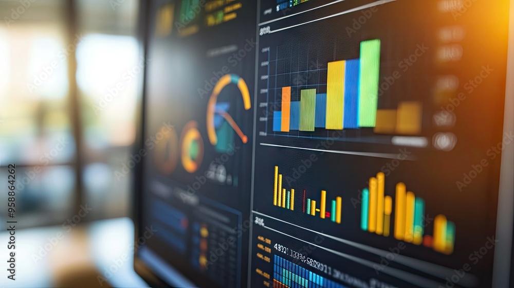 Poster a close-up of a business graph on a computer screen, showing detailed line charts and bar graphs wit
