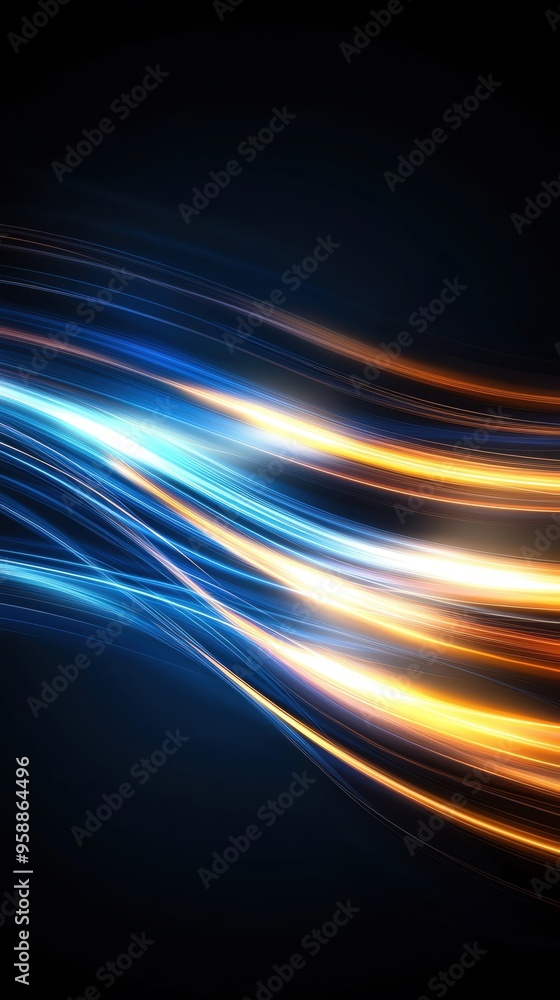 Poster dynamic abstract background with luminous blue and orange waves flowing gracefully against a dark ba
