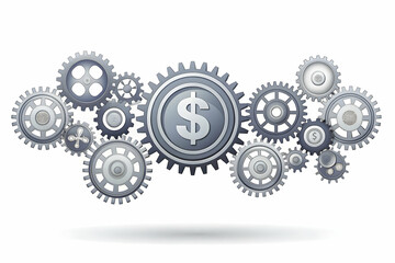 Digital Gears and Money Symbol Concept: Minimalistic Abstract Vector Illustration of Automation in Cost Management Technology on White Background