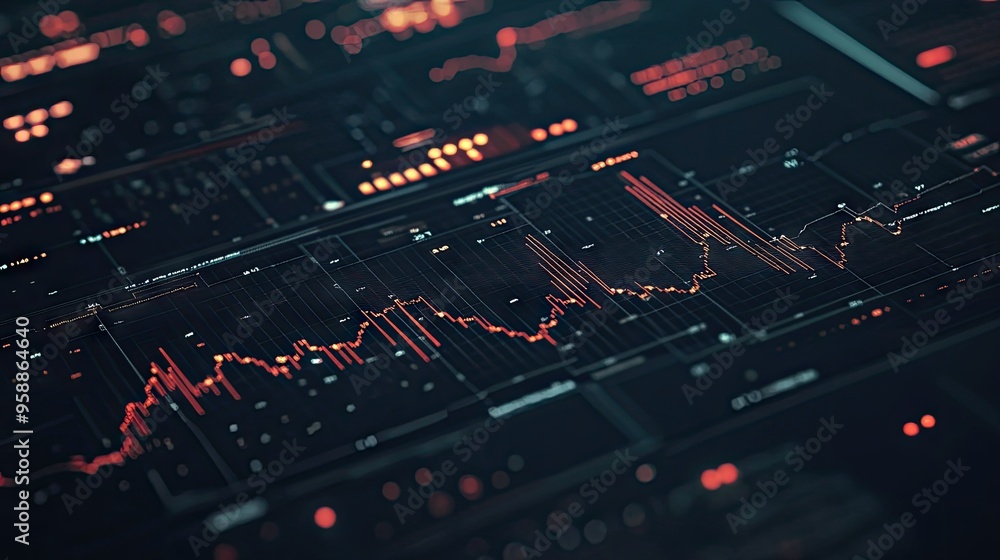 Poster a close-up of a business graph with fluctuating data lines and numerical values, displayed on a slee