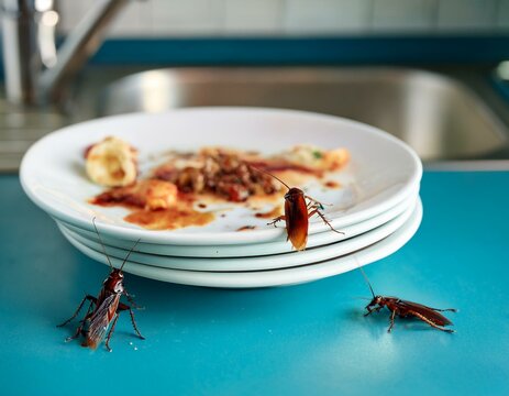 Cafards sur une pile d' assiettes contenant des restes de nourriture sur un plan de travail devant  un &eacute;vier de cuisine