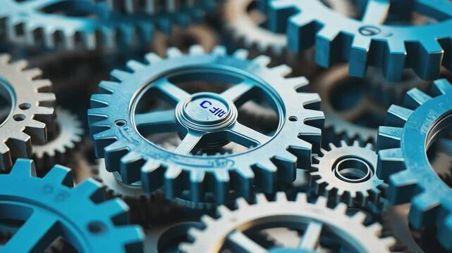 A movement with rotating blue gears that gives the impression of dynamics and technology.
