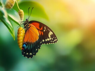 Butterfly Metamorphosis: A vibrant Monarch butterfly emerges from its chrysalis, wings still damp, in a breathtaking moment of transformation. Nature's artistry unfolds in this captivating close-up.