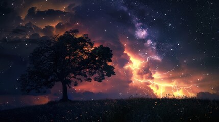 Silhouette of a Tree Against a Dramatic Night Sky with Lightning