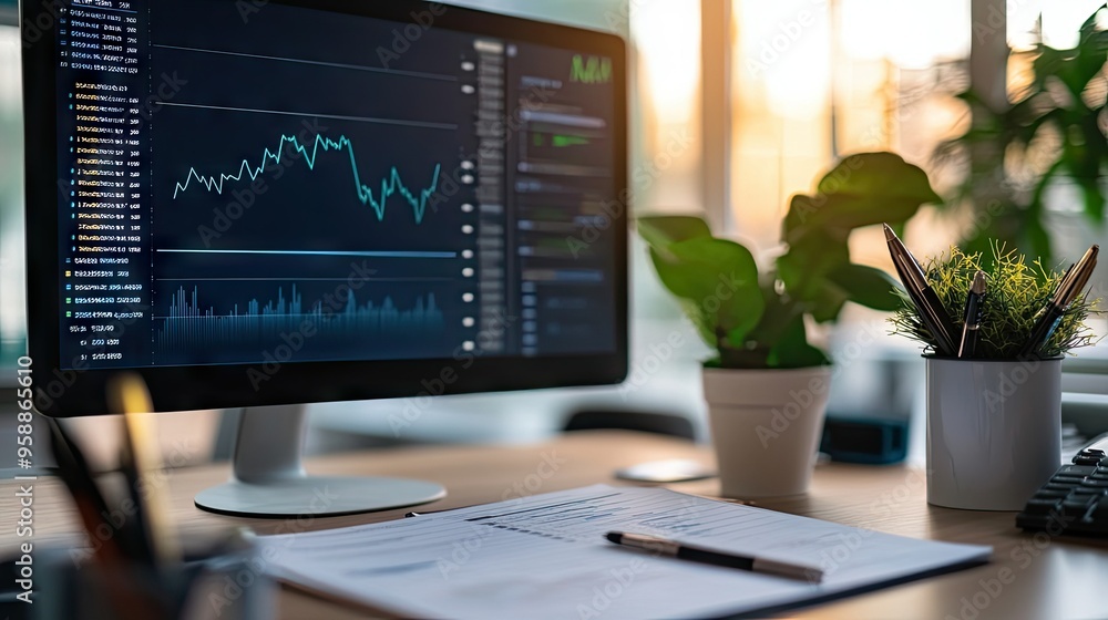 Poster a close-up of a financial analyst desk, featuring a business graph on a monitor with charts and figu