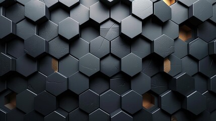 Abstract Geometric Pattern of Black Hexagon Tiles with a Few Gold Accents
