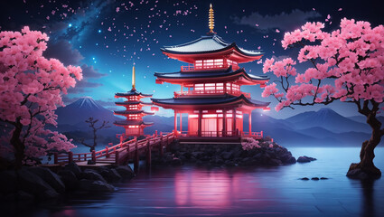 Fototapeta premium red temple with cherry blossoms, a lake, and mountains in a night sky.