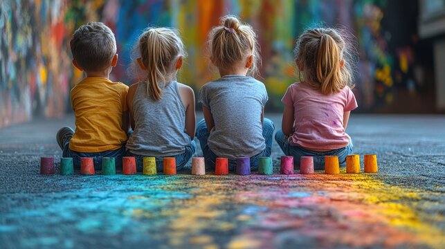 little children with mother drwing with chalks on sidewalk in city on summer sunny day creative development of children