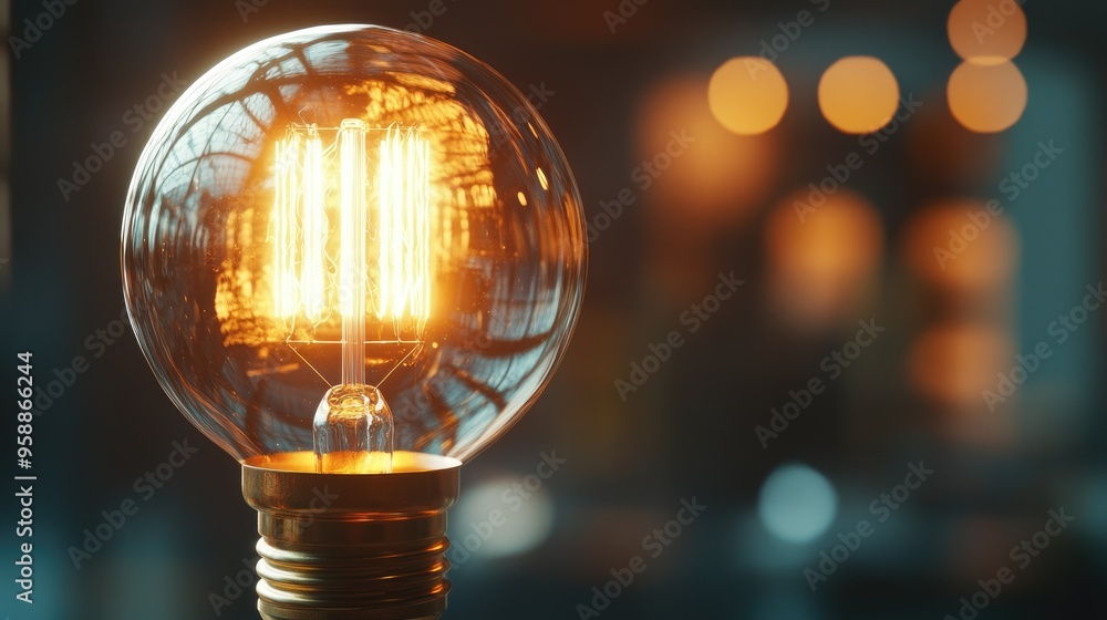 Poster A close-up of a glowing light bulb with intricate filaments, casting a warm, ambient light and creating a soft, circular glow.