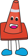 Cartoon traffic cone with face illustration on transparent background.
