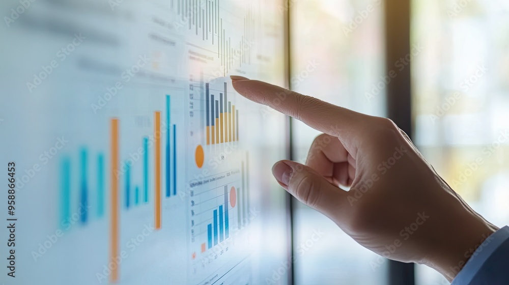 Poster a close-up of a hand pointing at a business graph on a whiteboard, emphasizing the analysis of key p