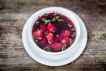 Red borscht with dumplings.