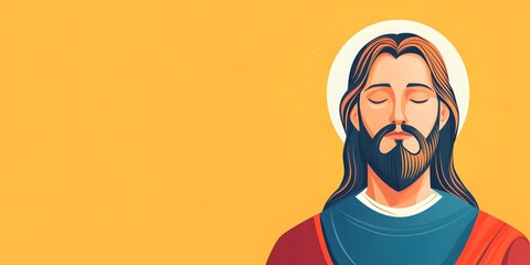 A serene portrait of a man with long hair and a halo, symbolizing peace and spirituality against a bright yellow background.