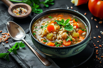 Barley soup with vegetables in a bowl on a dark background.