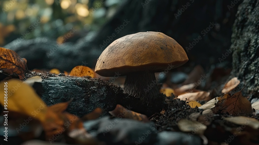 Poster a close-up of a mushroom growing in a forest, capturing its earthy texture and the surrounding natur