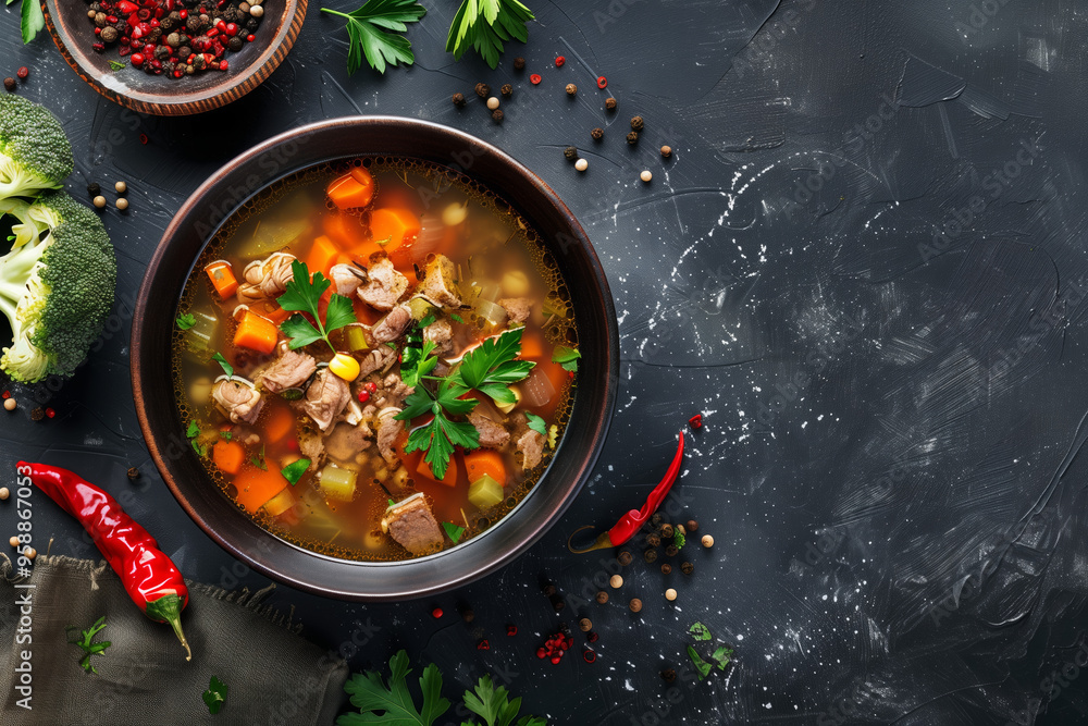 Poster Soup with barley, vegetables and meat on dark background.