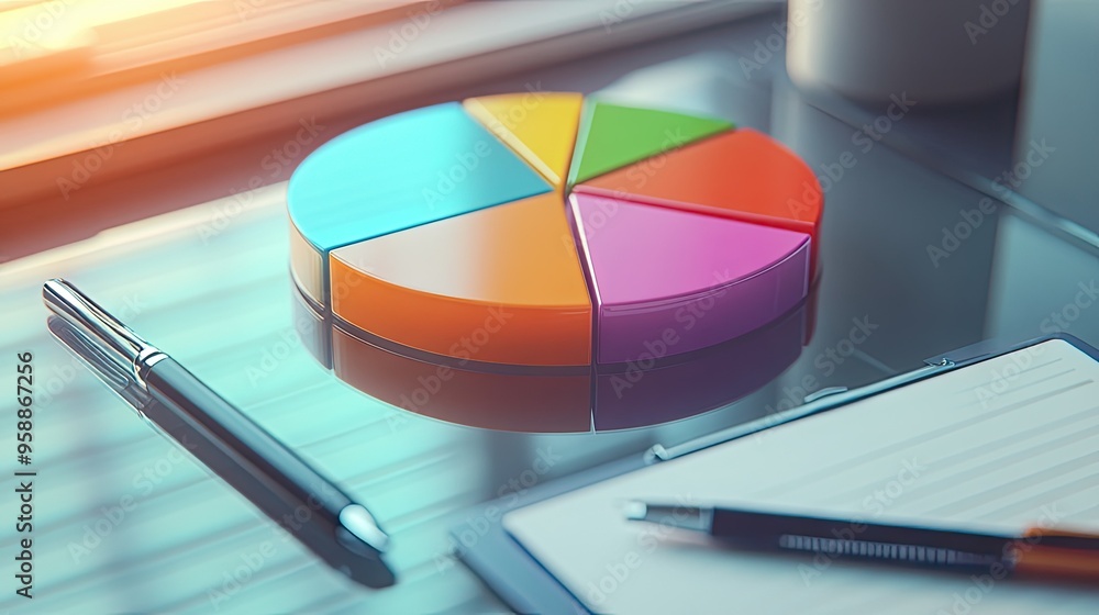 Poster a close-up of a pie chart with gradient colors and data percentages, displayed on a glass desk with 