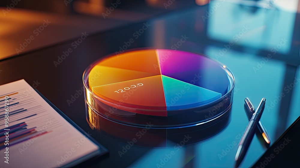 Aufkleber a close-up of a pie chart with gradient colors and data percentages, displayed on a glass desk with 