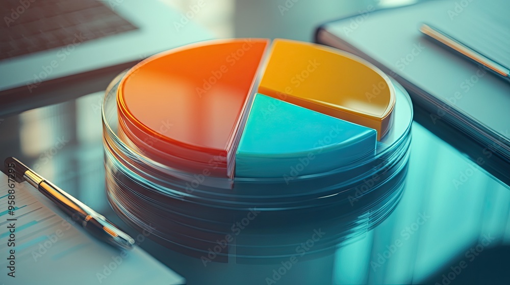 Poster a close-up of a pie chart with gradient colors and data percentages, displayed on a glass desk with 