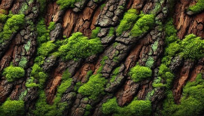 Tree Bark with Vibrant Green Moss Texture