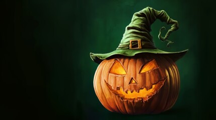 Carved Halloween pumpkin with creepy face wearing a witch hat on dark green background, close-up photography. Generative AI