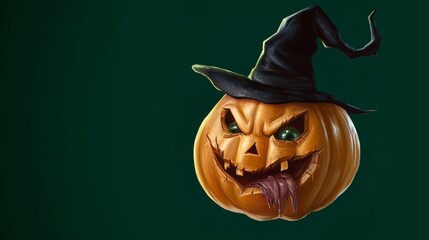 Carved Halloween pumpkin with creepy face wearing a witch hat on dark green background, close-up photography. Generative AI