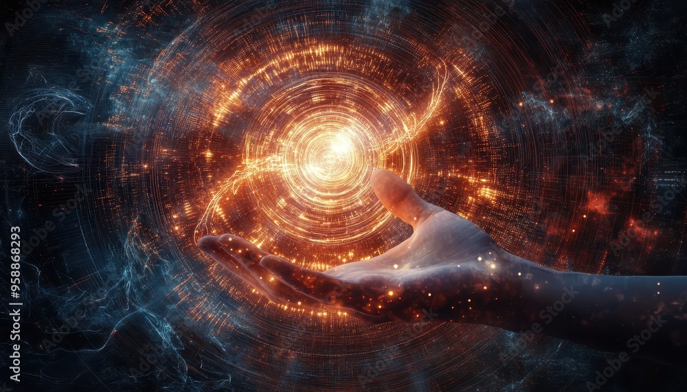 Poster creative fusion: human hand emitting light surrounded by digital symbols and coding patterns, repres