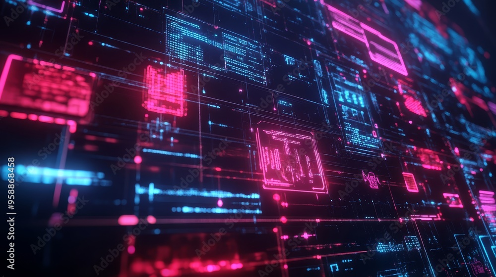 Aufkleber abstract digital interface with neon lights and data