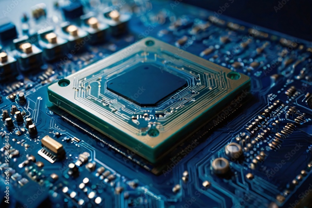 Poster illustration of cpu chip on circuit board with glow light in concept of processing semiconductor mic