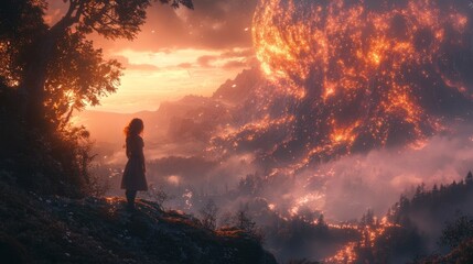 Fototapeta premium Woman Witnessing the End of the World.