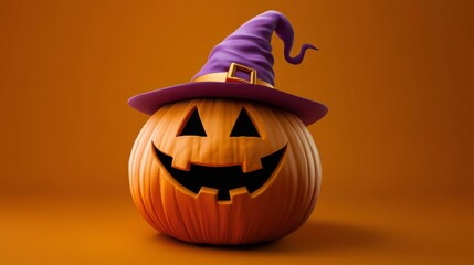 Smiling Jack-O'-Lantern Wearing Witch Hat on Orange Background, Photography Illustration for Halloween Decoration. Generative AI