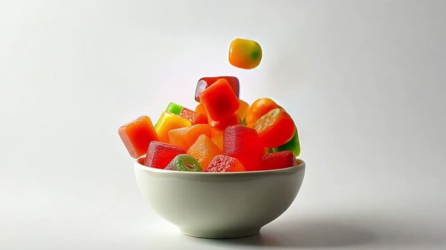 CBD gummy candy falling in a bowl on a white background