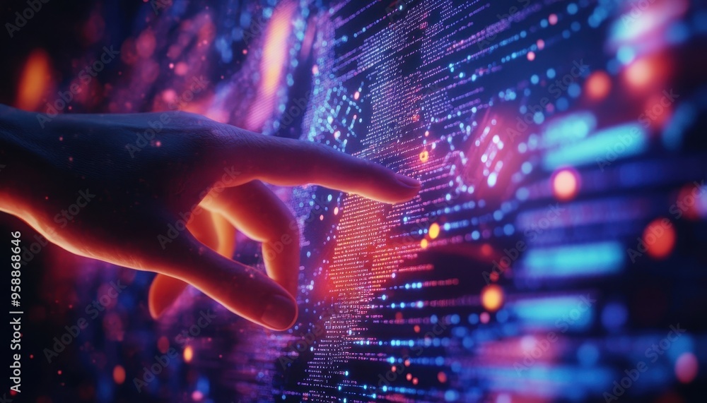 Poster embracing the future: human hand interacting with digital surface of ai coding symbols and creative 