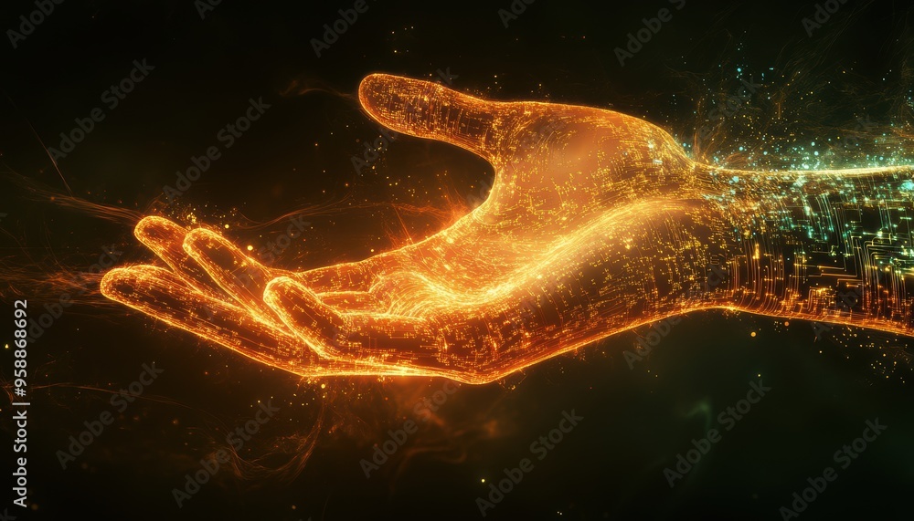 Wall mural Envisioning the Future: Abstract Human Hand with Glowing Circuits and Digital Lines Symbolizing AI-Driven Innovation and Creativity