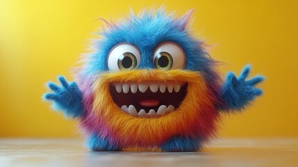 Fototapeta premium looping animation dancing colorful hairy monster funny mascot having fun furry toy isolate on yellow background
