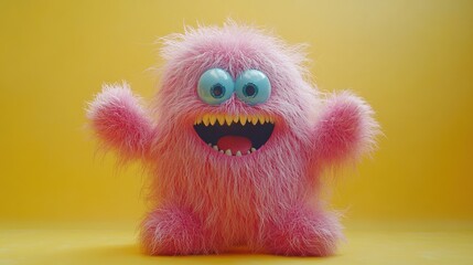 Obraz premium looping animation dancing colorful hairy monster funny mascot having fun furry toy isolate on yellow background