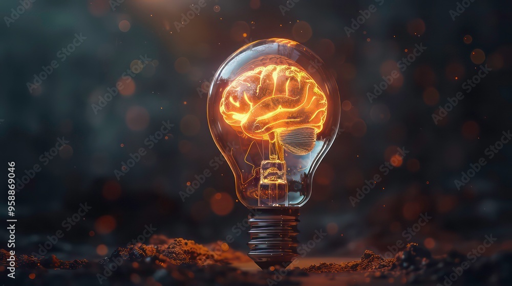 Aufkleber a glowing human brain inside a light bulb on a dark background with bokeh effect.
